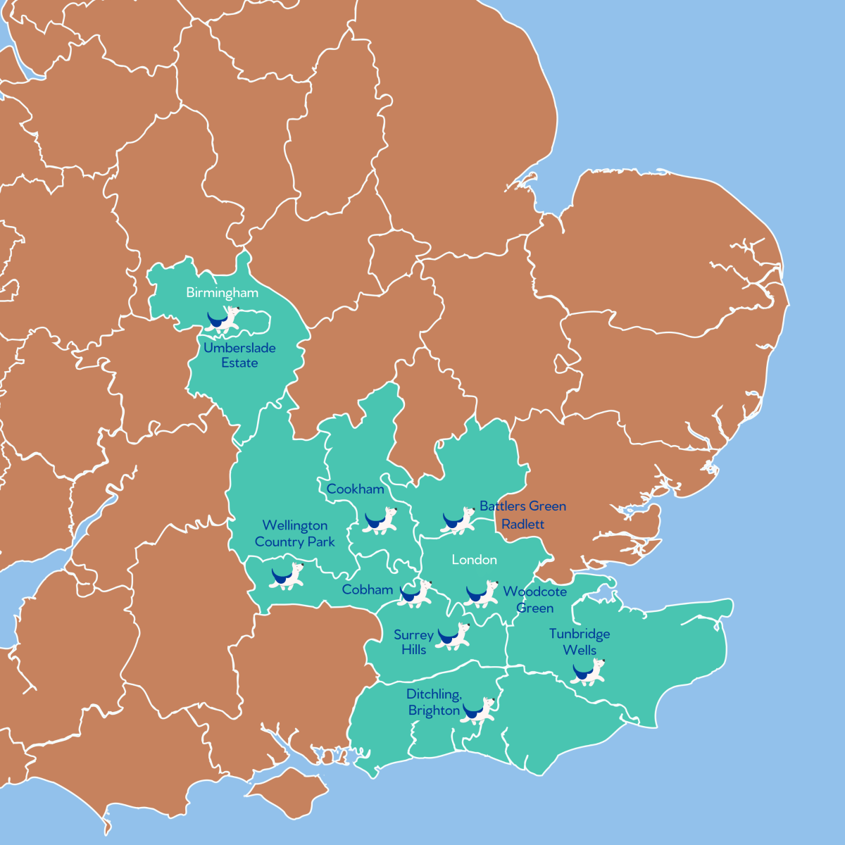 Map of Bruce's centres coverage